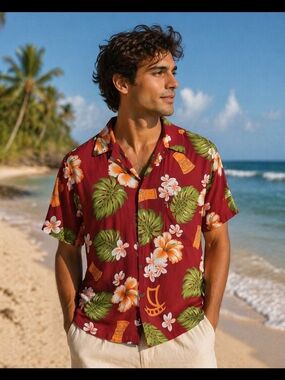 Tiki Palm Men's Red Tropical Floral Short-Sleeve Rayon Shirt. Sz M
